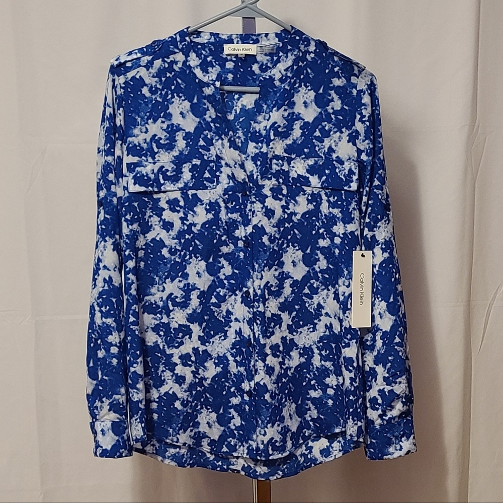 Calvin Klein Blue And White Print See-through Shirt